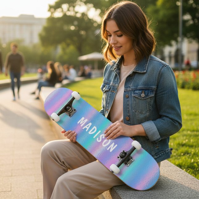 Iridescent Modern Girly Pink Blue Personalized Skateboard (Creator Uploaded)