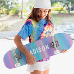 Iridescent Modern Girly Pink Blue Personalized Skateboard<br><div class="desc">Iridescent Modern Girly Pink Blue Personalized features a modern colourful iridescent background in pink,  purple and blue with your personalized name. Personalize by editing the text in the text box provided. Designed by ©Evco Studio www.zazzle.com/store/evcostudio</div>