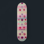 Iridescent Modern Girly Pink Purple Flowers Name Skateboard<br><div class="desc">Iridescent Modern Girly Pink Purple Flowers Name features a modern colourful iridescent background with pink and purple flowers with your personalized name. Personalize by editing the text in the text box provided. Designed by ©Evco Studio www.zazzle.com/store/evcostudio</div>