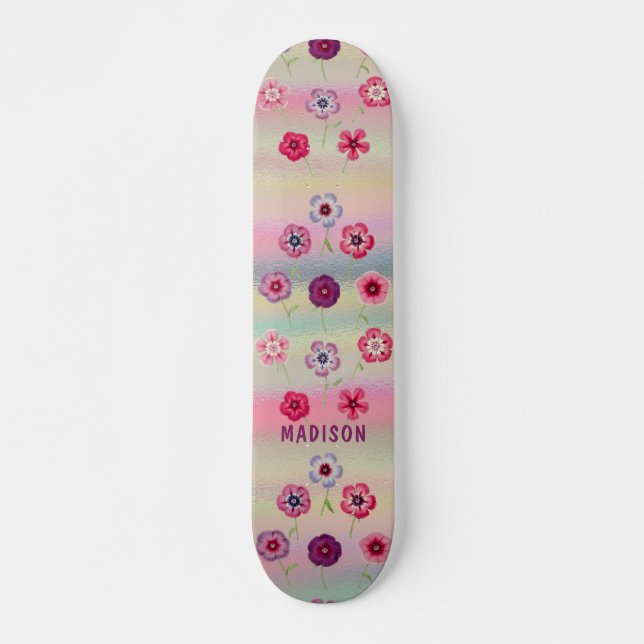 Iridescent Modern Girly Pink Purple Flowers Name Skateboard (Front)