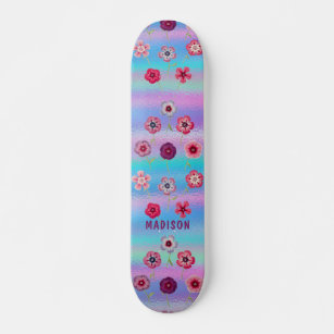 Iridescent Modern Girly Pink Purple Flowers Name Skateboard