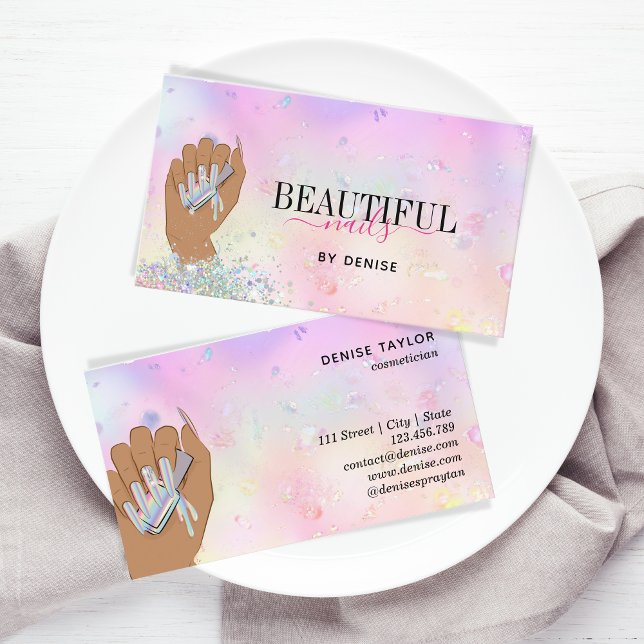 iridescent nail salon woman hand nails technician business card (Creator Uploaded)