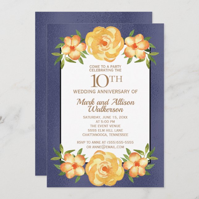 Iridescent Navy Blue 10th Wedding Anniversary Invitation (Front/Back)