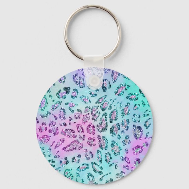 Iridescent Pastel Leopard Print Glitter Keychain (Front)