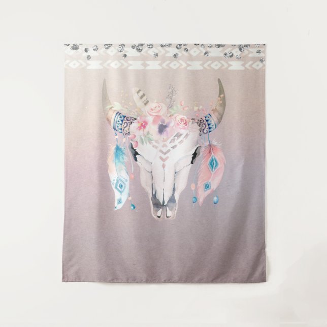 Iridescent Pearl Boho Chic Skull Glam Floral Horns Tapestry (Front)