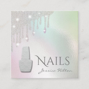 Iridescent pearl glittery drips Nail salon Square Business Card