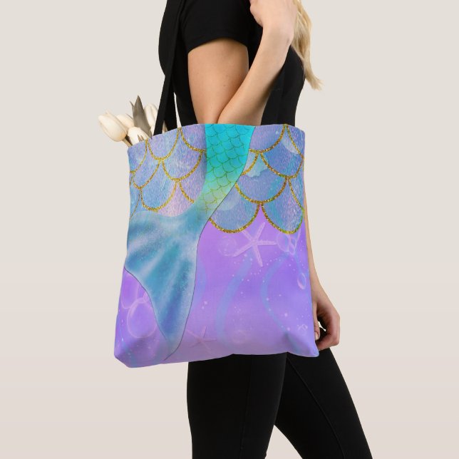 Iridescent Pearl Shimmer Sparkle Mermaid Tail Tote Bag (Close Up)