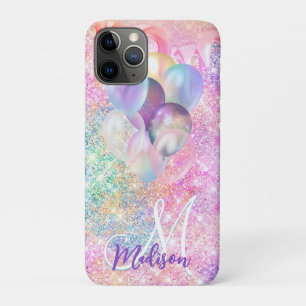 Iridescent pink faux glitter drip balloon monogram iPhone 11 pro case