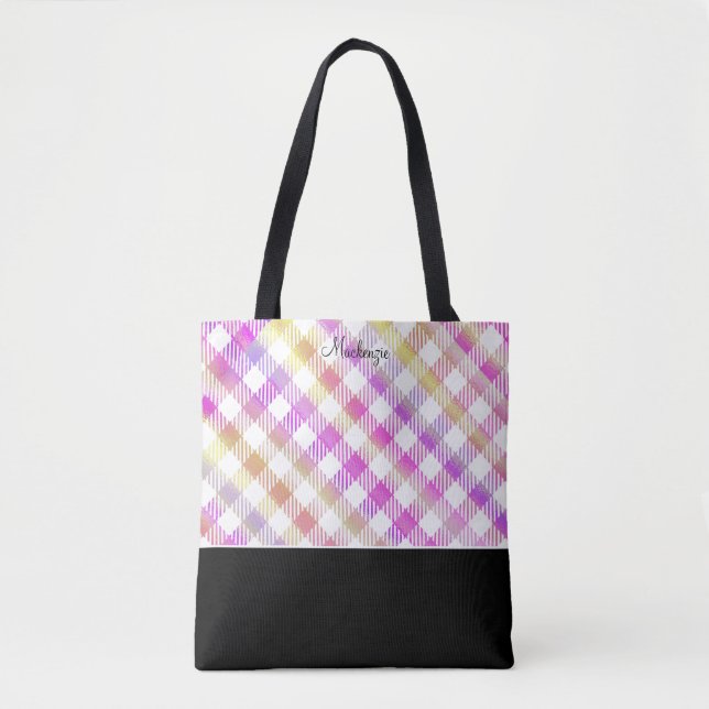 Iridescent Pink Gingham Pattern with Monogram  Tote Bag (Front)