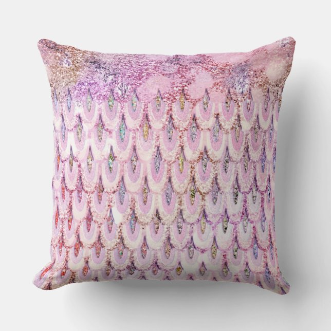 Iridescent pink Glitter Mermaid Fish Scales Throw Pillow (Front)