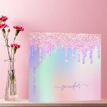 Iridescent pink glitter unicorn rainbow monogram binder<br><div class="desc">A trendy iridescent background with unicorn colours and rainbow colours in pink, purple, rose gold, mint green. Decorated with faux glitter drips in rose gold, pink and purple. Personalize and add a name, purple coloured letters .Add your text on the spine. Perfect for a home office, school homework, back to...</div>