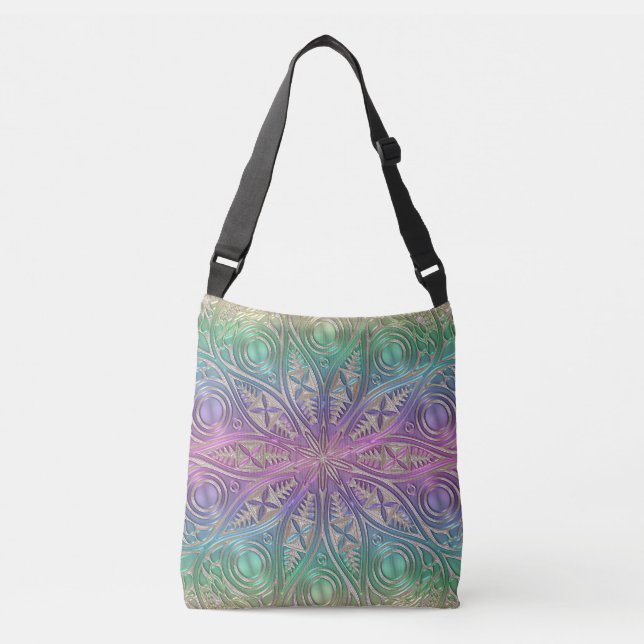Iridescent Pink Purple Green Gold Mandala Crossbody Bag (Front)
