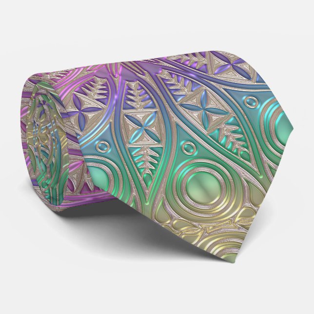 Iridescent Pink Purple Green Gold Mandala Tie (Rolled)
