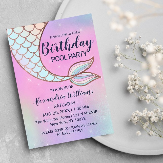 Iridescent Pink Teal Mermaid Tail Pool Birthday Invitation Postcard (Iridescent Pink Teal Mermaid Tail Pool Birthday Invitation Postcard )