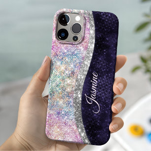 iridescent purple silver faux glitter monogram Case-Mate iPhone 14 case