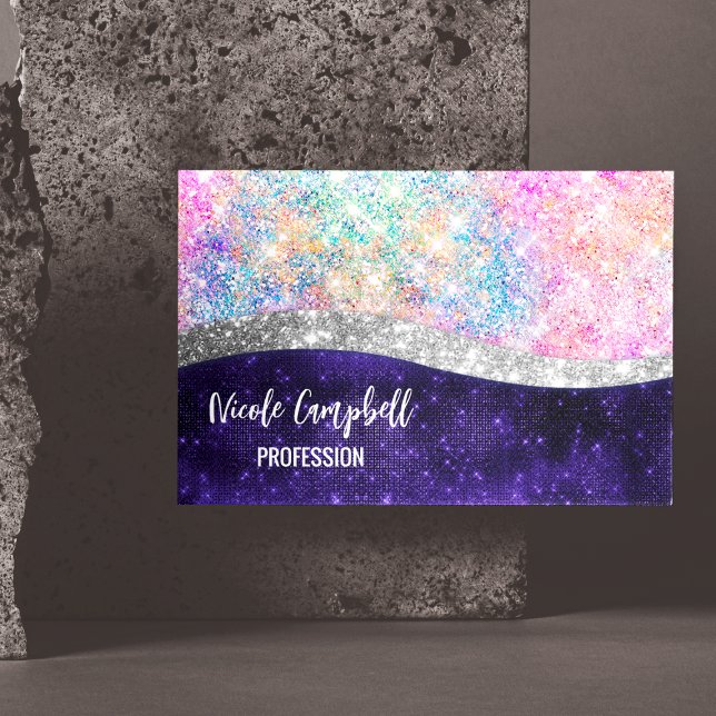 iridescent purple silver faux glitter monogram 	Magnetic business card (Creator Uploaded)