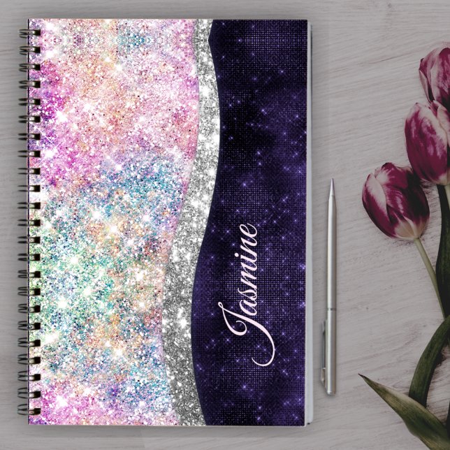 iridescent purple silver faux glitter monogram notebook (Creator Uploaded)