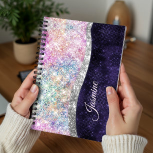 iridescent purple silver faux glitter monogram notebook