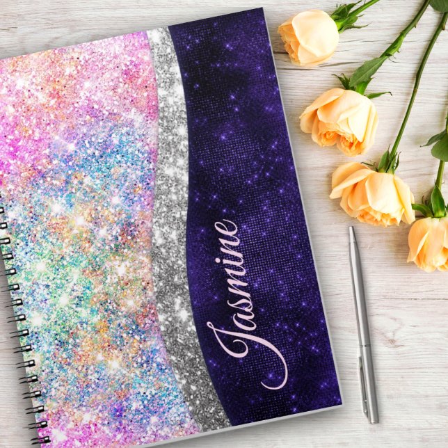iridescent purple silver faux glitter monogram notebook (Creator Uploaded)