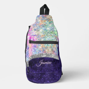 iridescent purple silver faux glitter monogram sling bag