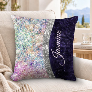 iridescent purple silver faux glitter monogram throw pillow