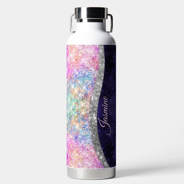 iridescent purple silver faux glitter monogram water bottle (Front)