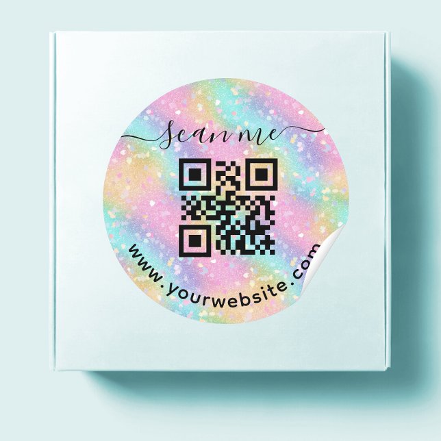 Iridescent QR code and custom text round Sticker (Creator Uploaded)