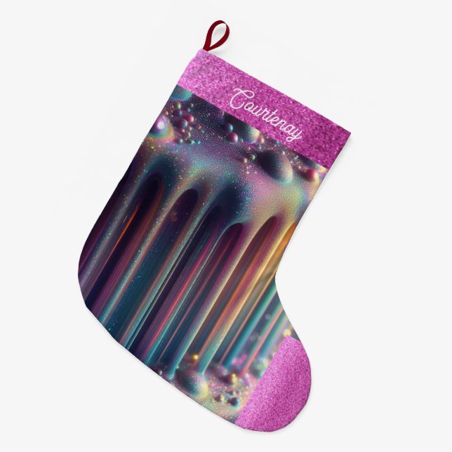 Iridescent Rainbow Colours Personalized Glitter Large Christmas Stocking (Front (Hanging))