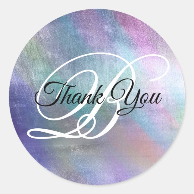 Iridescent Rainbow Foil Fancy Monogram Thank You Classic Round Sticker (Front)