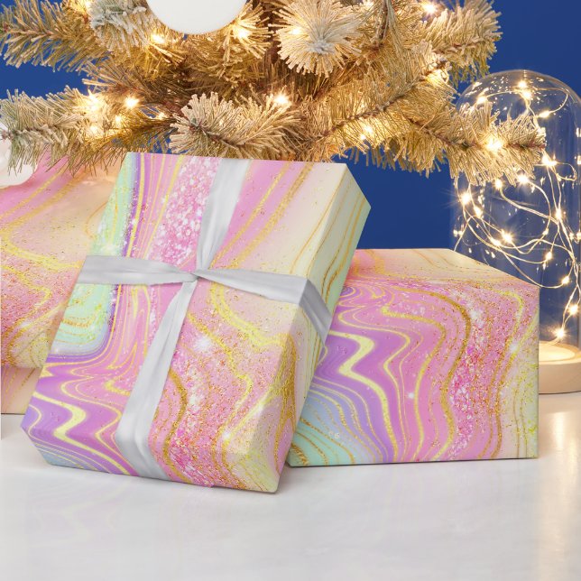 Iridescent Rainbow Gradient and Gold Foil Strata Wrapping Paper (Holidays)