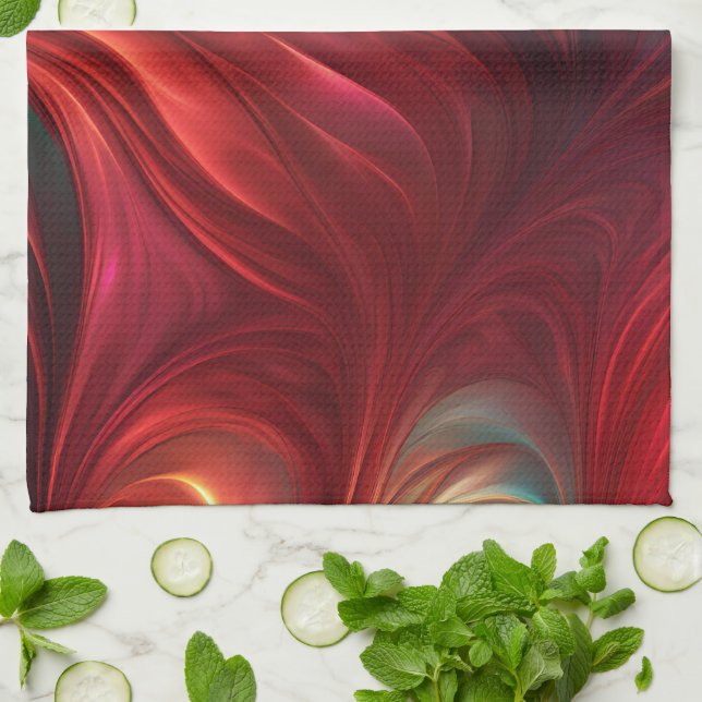 Iridescent Red Abstract Swirl Kitchen Towel (Folded)