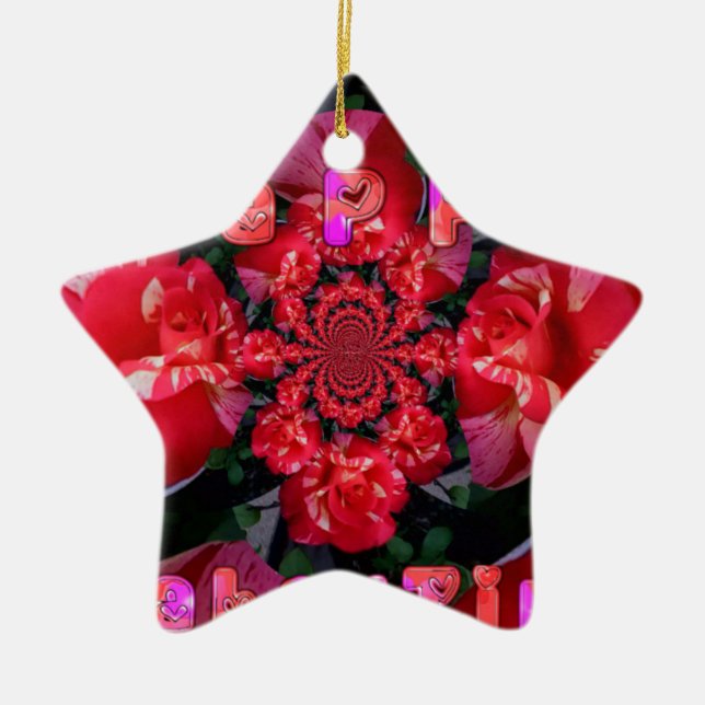 Iridescent Red Roses "Happy Valentine" Art Print Ceramic Ornament (Front)