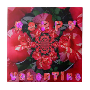 Iridescent Red Roses "Happy Valentine" Art Print Tile