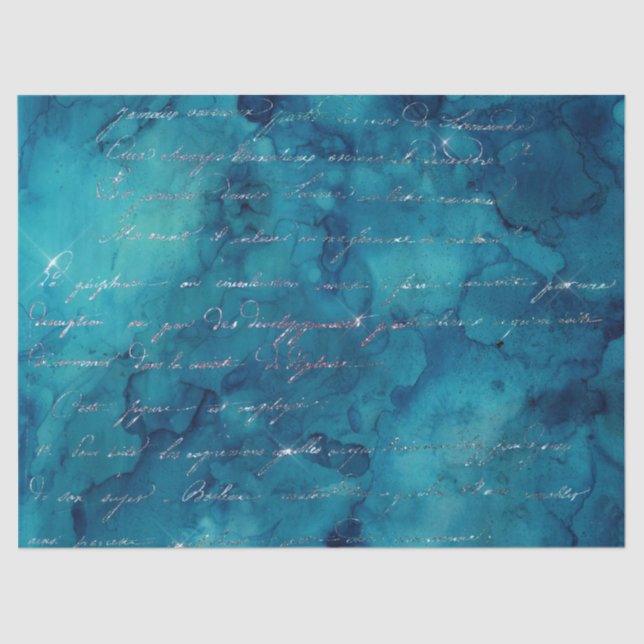 Iridescent Script on Abstract Teal Decoupage Tissue Paper (Front)