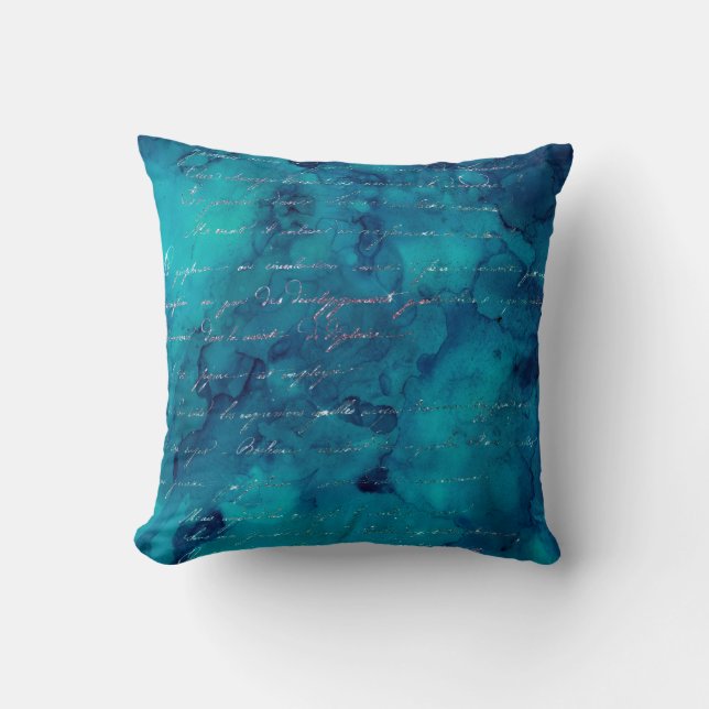 Iridescent Script on Abstract Teal Throw Pillow (Front)