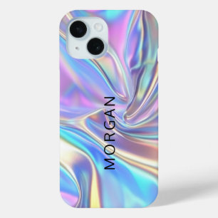 Iridescent Shiny Metallic Fabric, Large Black Name iPhone 15 Case