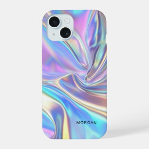 Iridescent Shiny Metallic Fabric, Small Black Name iPhone 15 Case