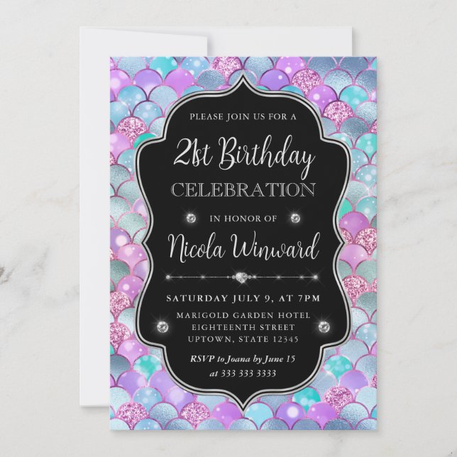 Iridescent Silver Mermaid Scales Frame Birthday Invitation (Front)