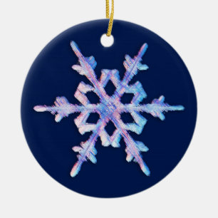 Iridescent Snowflake on Dark Blue Ceramic Ornament