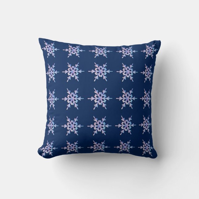 Iridescent snowflake on dark blue throw pillow (Front)