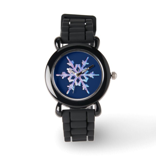 Iridescent snowflake on dark blue watch (Front)