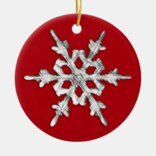 Iridescent Snowflake on Deep Red Ceramic Ornament