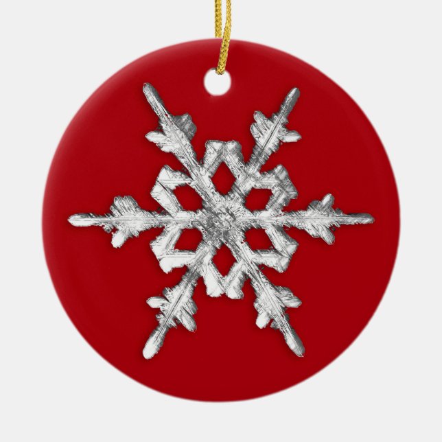 Iridescent Snowflake on Deep Red Ceramic Ornament (Front)