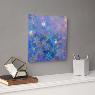 Iridescent snowflakes  square wall clock