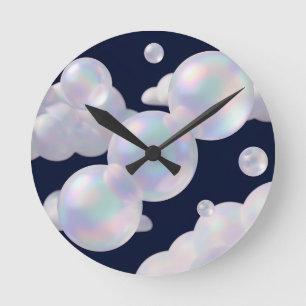 Iridescent Soap Bubbles Floating Dark Blue Dreamy Round Clock