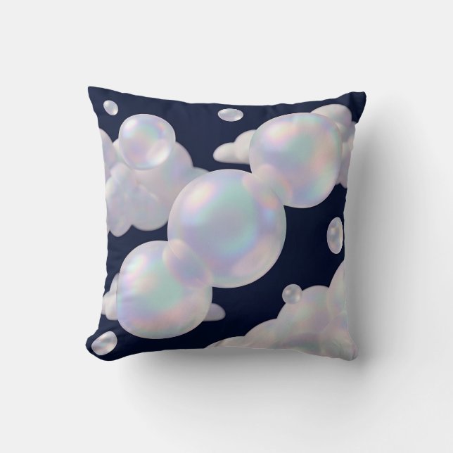 Iridescent Soap Bubbles Floating Dark Blue Dreamy  Throw Pillow (Front)