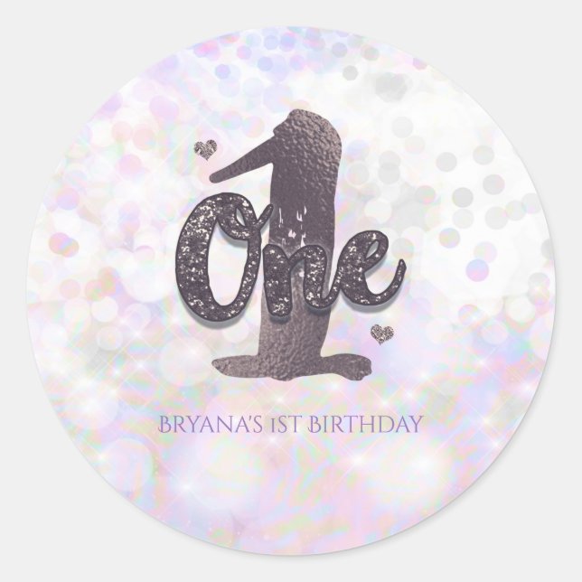 Iridescent Sparkle One 1st Birthday Party Favour Classic Round Sticker (Front)