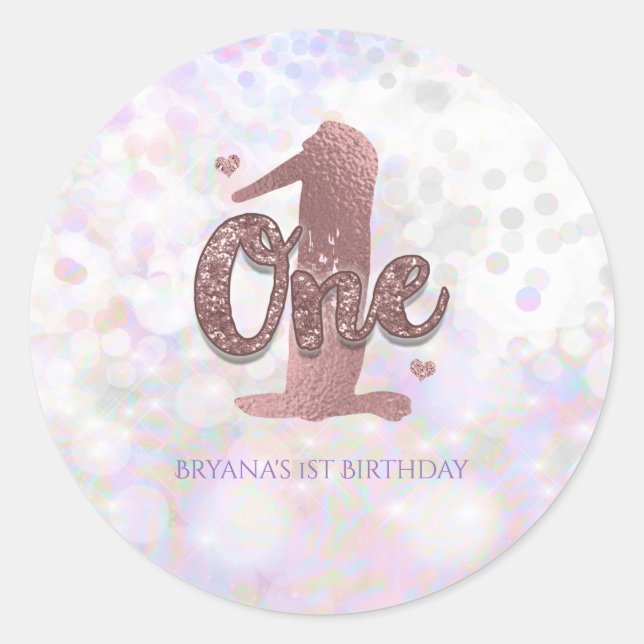 Iridescent Sparkle One 1st Birthday Party Favour Classic Round Sticker (Front)