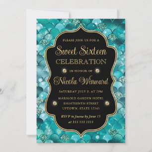 Iridescent Teal and Gold Mermaid Scales Sweet 16 Invitation