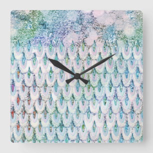 Iridescent teal Glitter Mermaid Fish Scales Square Wall Clock